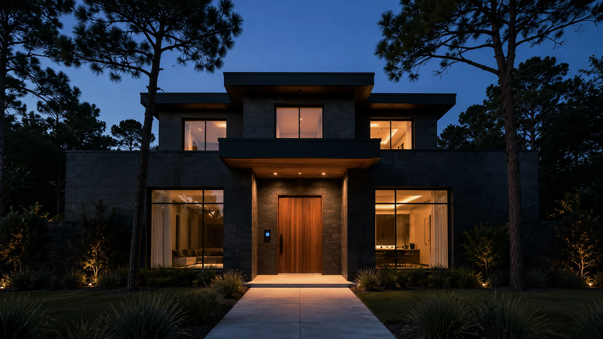 OVIO Solutions facade at dusk, walnut door with Tenon smart lock, warm interior glow through windows.
