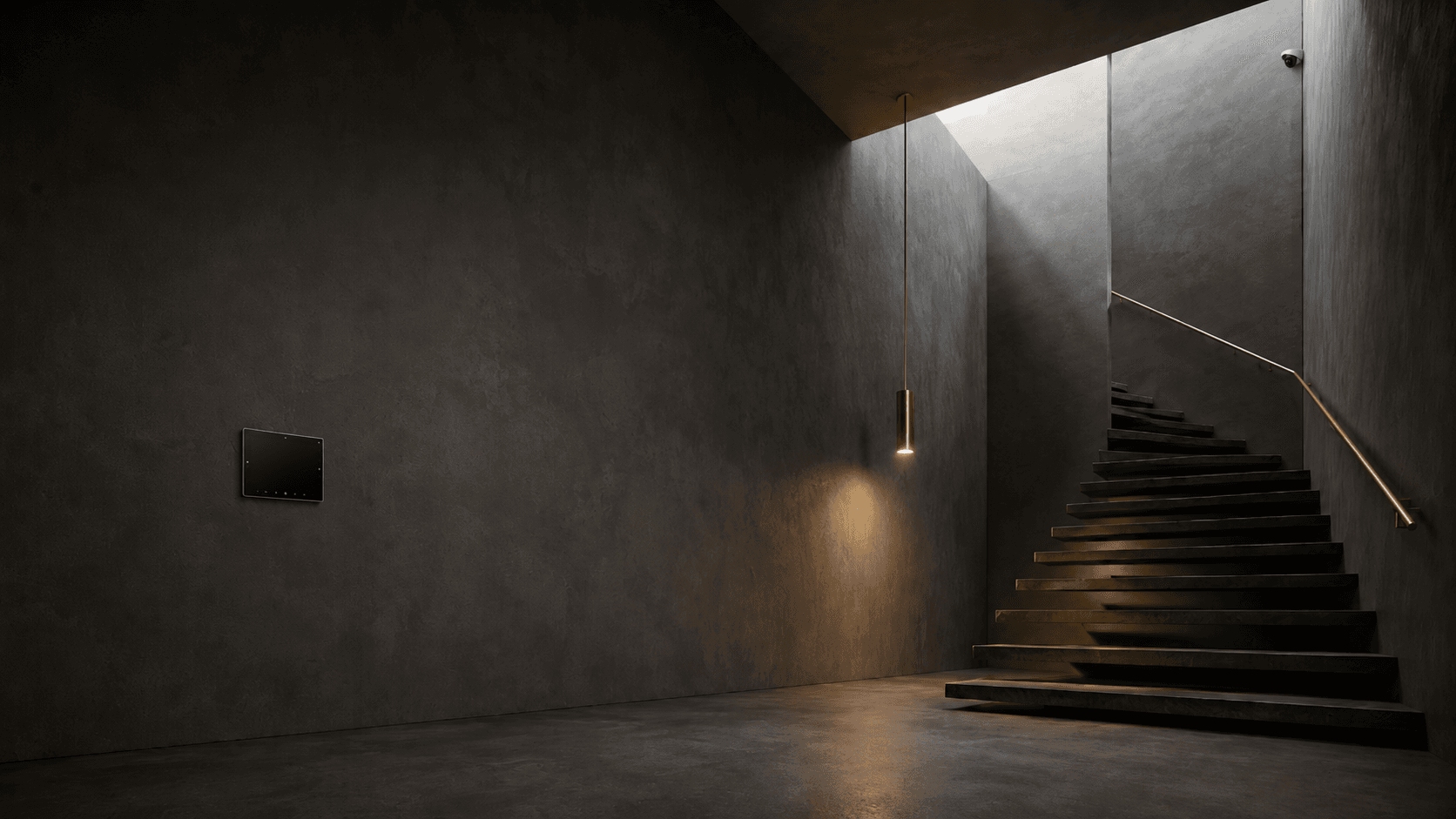 Cinematic architectural stair void at dusk, gold pendant light